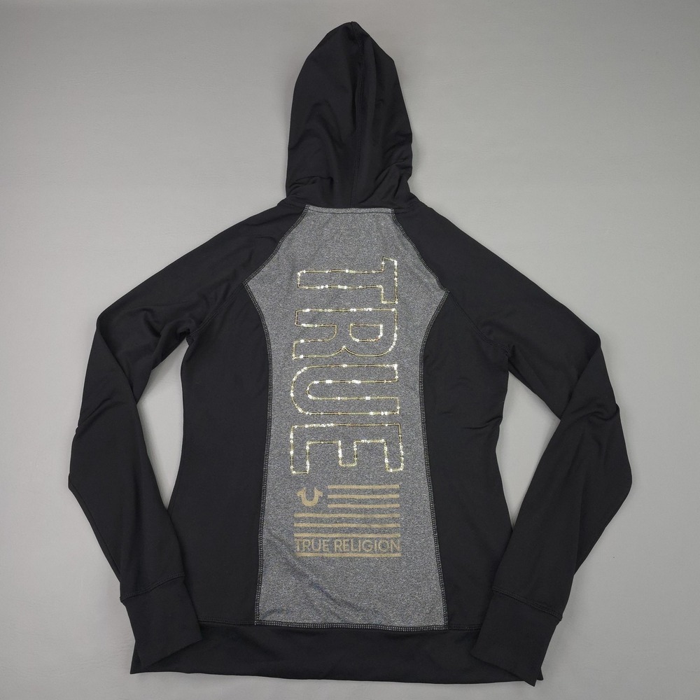 True Religion Hoodie Womens Large Black Gray Full‎ Zip Performance Sequin Logo